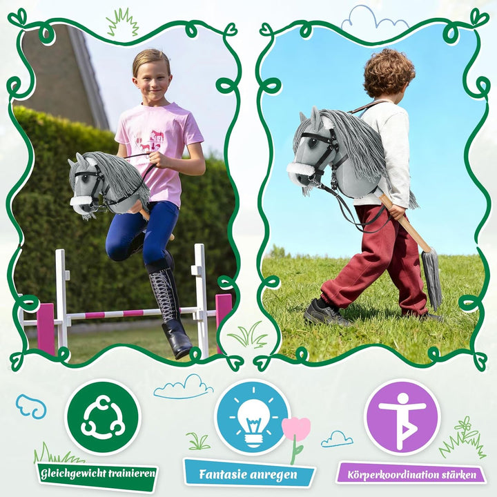 Hobby Horse, A3 Kopfgrösse Steckenpferd Kinder, Hobby Horsing mit Weichem Plüschhalfter, Fliessendem