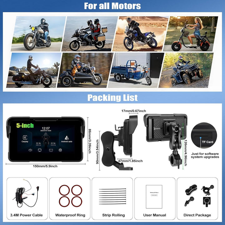 SIXWIN Motorrad Carplay Display für Moto mit Wireless Carplay Android Auto, 5 Zoll HD Touchscreen Bi