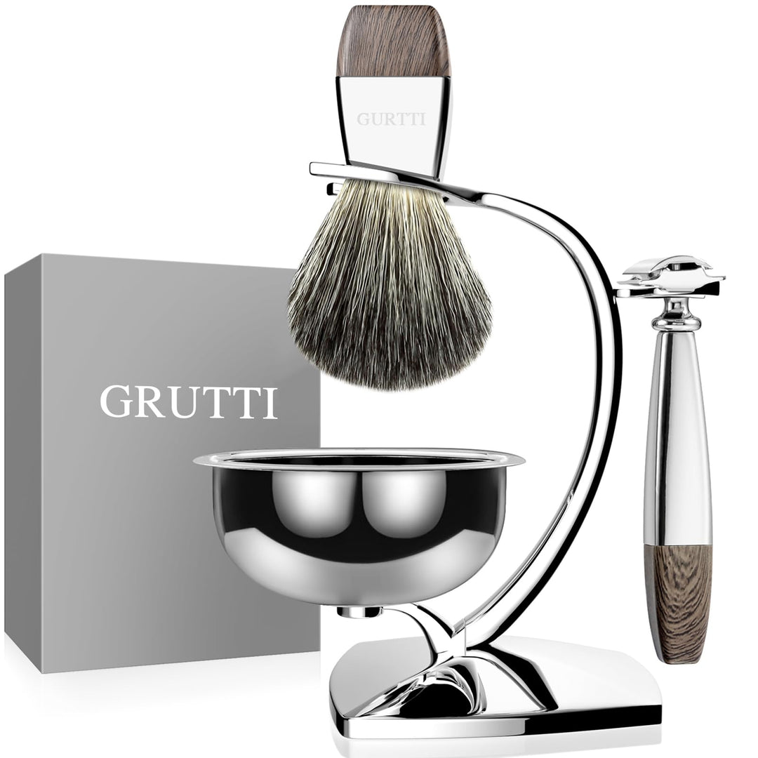 GRUTTI Vintage Deluxe Rasierset：Nassrasier-Set mit Magnet-Schale, Edelstahl Bürstenständer& Anti-Rut