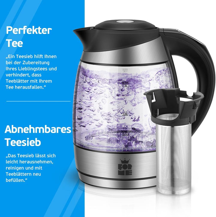 ForMe Glas Wasserkocher 1,8 Temperatureinstellung Temperaturwahl 40°C-100°C Farbwechsel LED I BPA FR