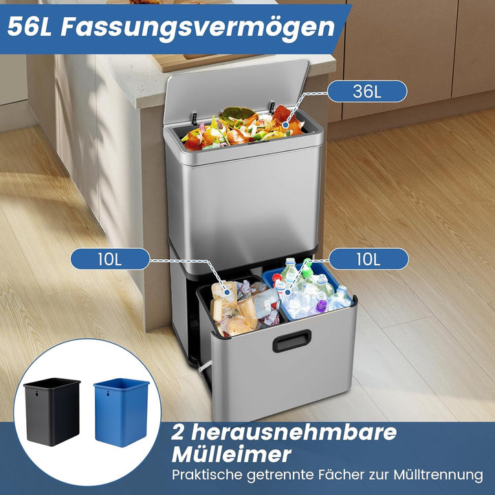 COSTWAY Mülleimer 3 Fächer, 56L Mülltrennsystem inkl. 2 ausnehmbaren Abfallbehältern, 2 x 10L + 36 L