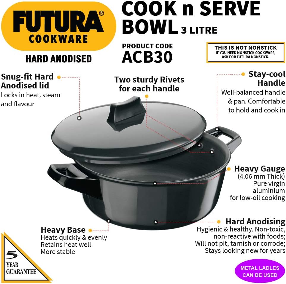 Hawkins/Futura L60 harteloxiert Kochen und Servieren Schmortopf/Schale, 3-Liter-interkont - 3.17 qua