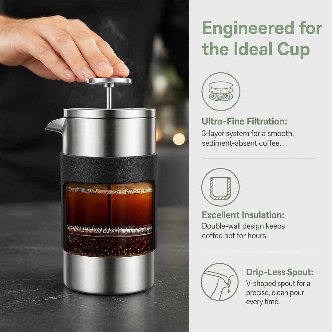 BORDEAG French Press Edelstahl, 304 Edelstahl Kaffeepresse doppelwandig isoliert, Travel Press Kaffe