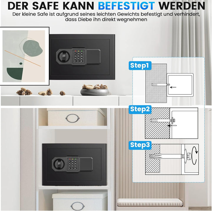 20L Safe Tresor für Zuhause, Stahl Safe mit Ersatzschlüssel, Abnehmbarem Regal und Alarmanlage, Klei