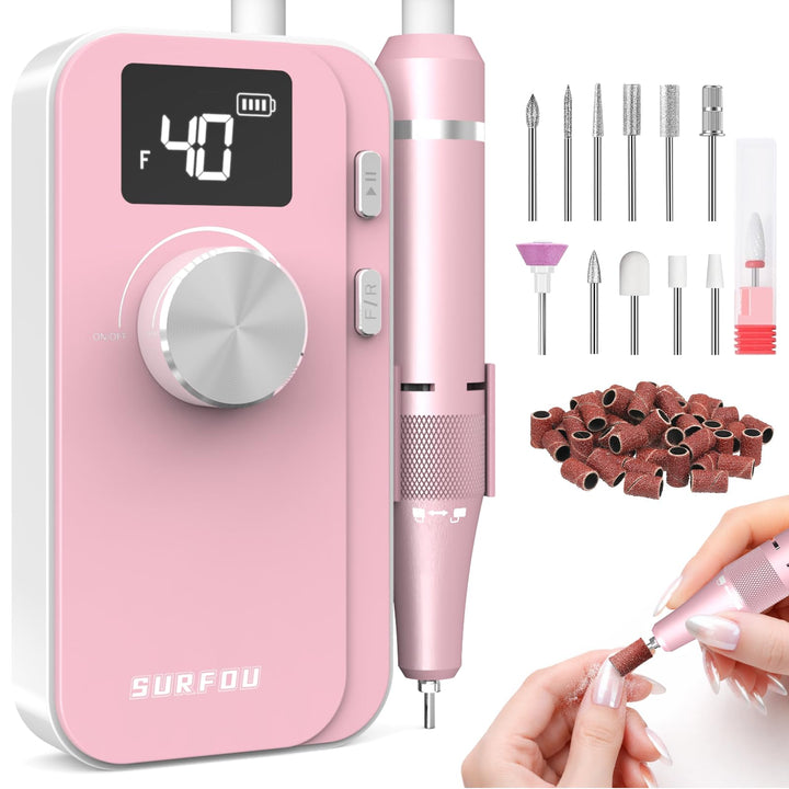 SURFOU Nagelfräser 40000 U/min, Elektrische Nagelfeile Kabellos Wiederaufladbar mit 4000mAh Akku, LC