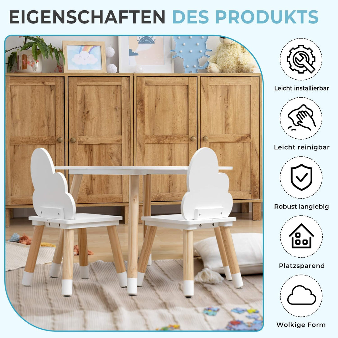 Rebecca Mobili Kindertisch und Stühle Set, Stühle und Tisch für Kinderzimmermöbel Hellbraun Weiss, M