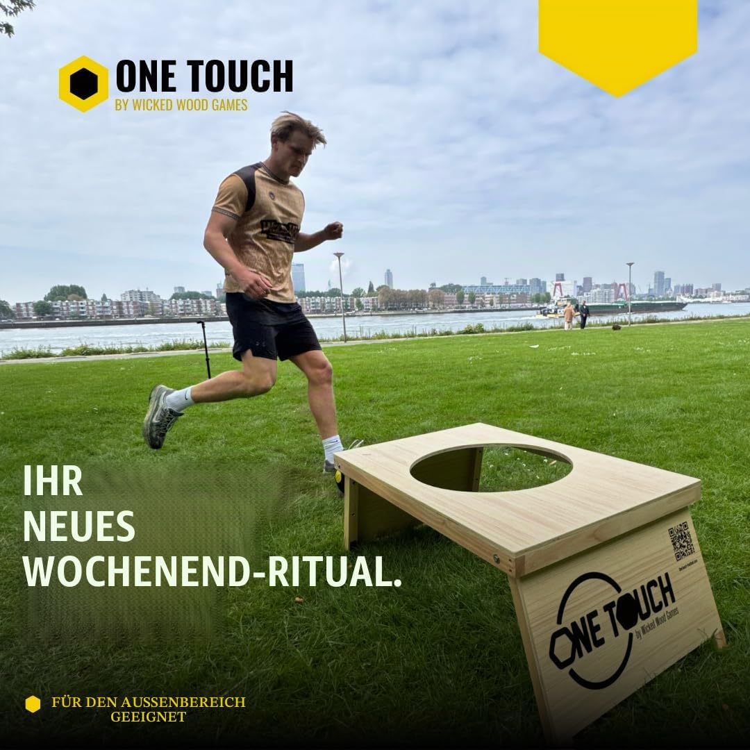 OneTouch Fussball-Cornhole Set aus Holz – Komplettes Outdoor Fussballspiel inkl. 2 Boards, Premium M