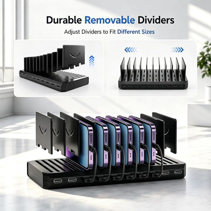 USB Ladestation 100W,10-Port Handy Ladestation Mehrfach mit verstellbarem abnehmbarem Trenner, 5V/2.