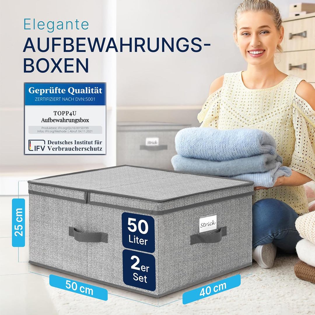 TOPP4u grosse Aufbewahrungs-Box mit Deckel 2x - extra grosse Faltbox für Kleiderschrank &amp; Regal - 40
