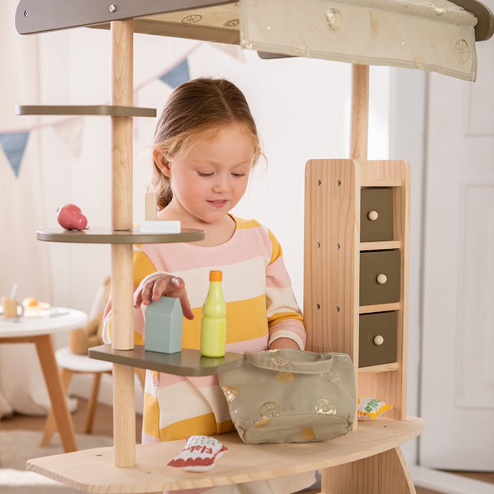 howa Kaufladen Marktstand "Lucky" aus Holz mit Markise, Tasche und 32 tlg. Kaufladenzubehör 47479