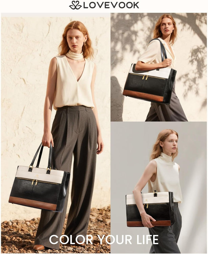 LOVEVOOK Handtasche Damen Gross, 17,3 Zoll Laptoptasche Retro-Leder Arbeitstasche Aktentasche, Leich