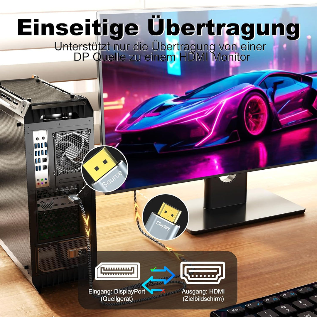 8K DisplayPort 1.4 zu HDMI 2.1 Kabel 2 m, 8K 60Hz 4K 120Hz 144Hz 2K 240Hz, HDR, Nur von DP zu HDMI F