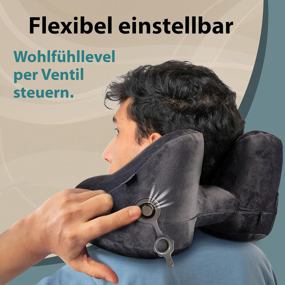FLOWZOOM AIR Nackenkissen aufblasbar mit Kapuze - Reisekissen - Schnell aufblasbares Reise - Flugzeu