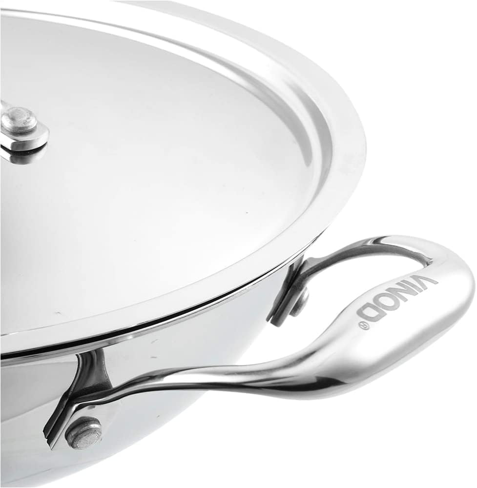 Vinod Wok mit Deckel, 3-lagig, antihaftbeschichtet, Induktionsherd, mit Deckel, Edelstahl, Kadai-Pfa