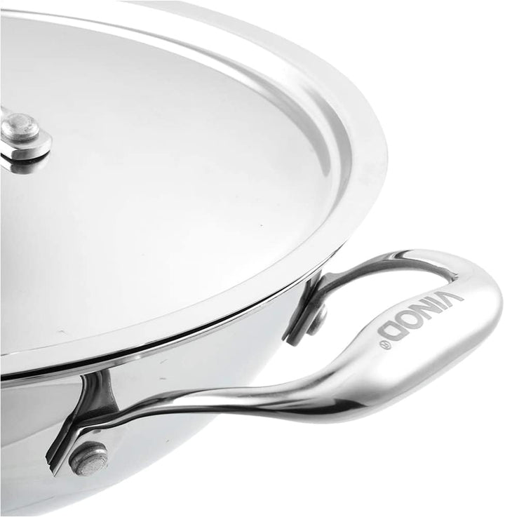 Vinod Wok mit Deckel, 3-lagig, antihaftbeschichtet, Induktionsherd, mit Deckel, Edelstahl, Kadai-Pfa