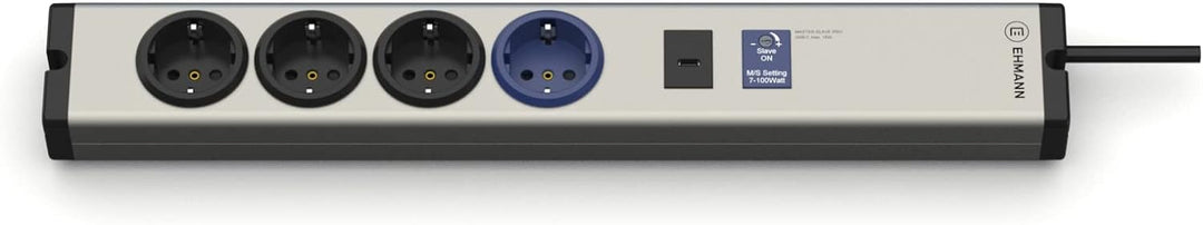 EHMANN Aluminium Steckdosenleiste 0616x0g048001 Master/Slave pro, 4fach, 1x USB-C 18W, 1,5m Zuleitun