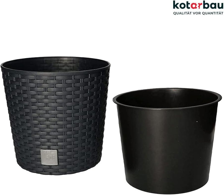 KOTARBAU® Blumentopf Ø 200x190mm Rattandesign Rund mit Innentopf Anthrazit, 200x190mm