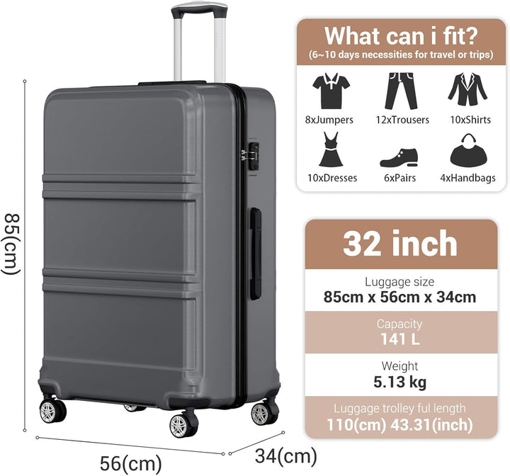 KONO Koffer Extra Grosser 32 Zoll Leicht ABS+PC Hartschalenkoffer XXL mit TSA-Schloss Reisekoffer mi