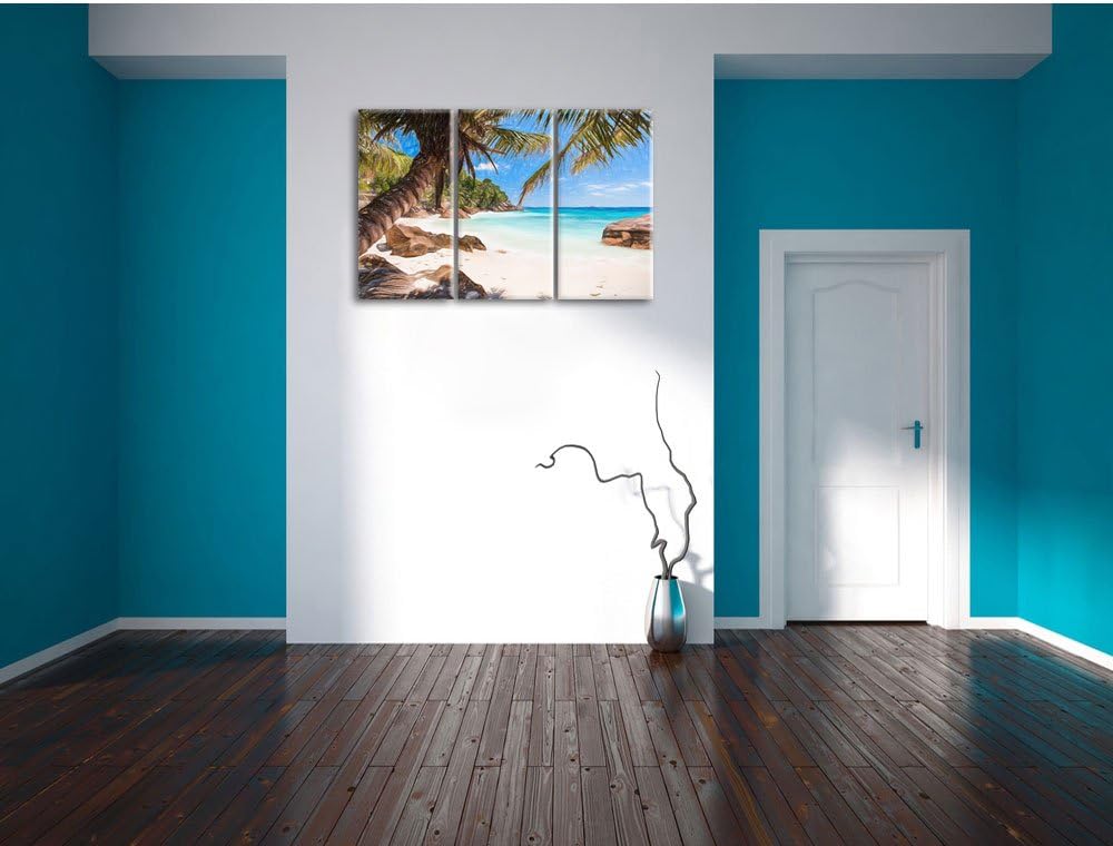 Pixxprint Palmenstrand Seychellen als Leinwandbild/Grösse: 3 Teilig (120x80 cm) cm/Wandbild/Kunstdru