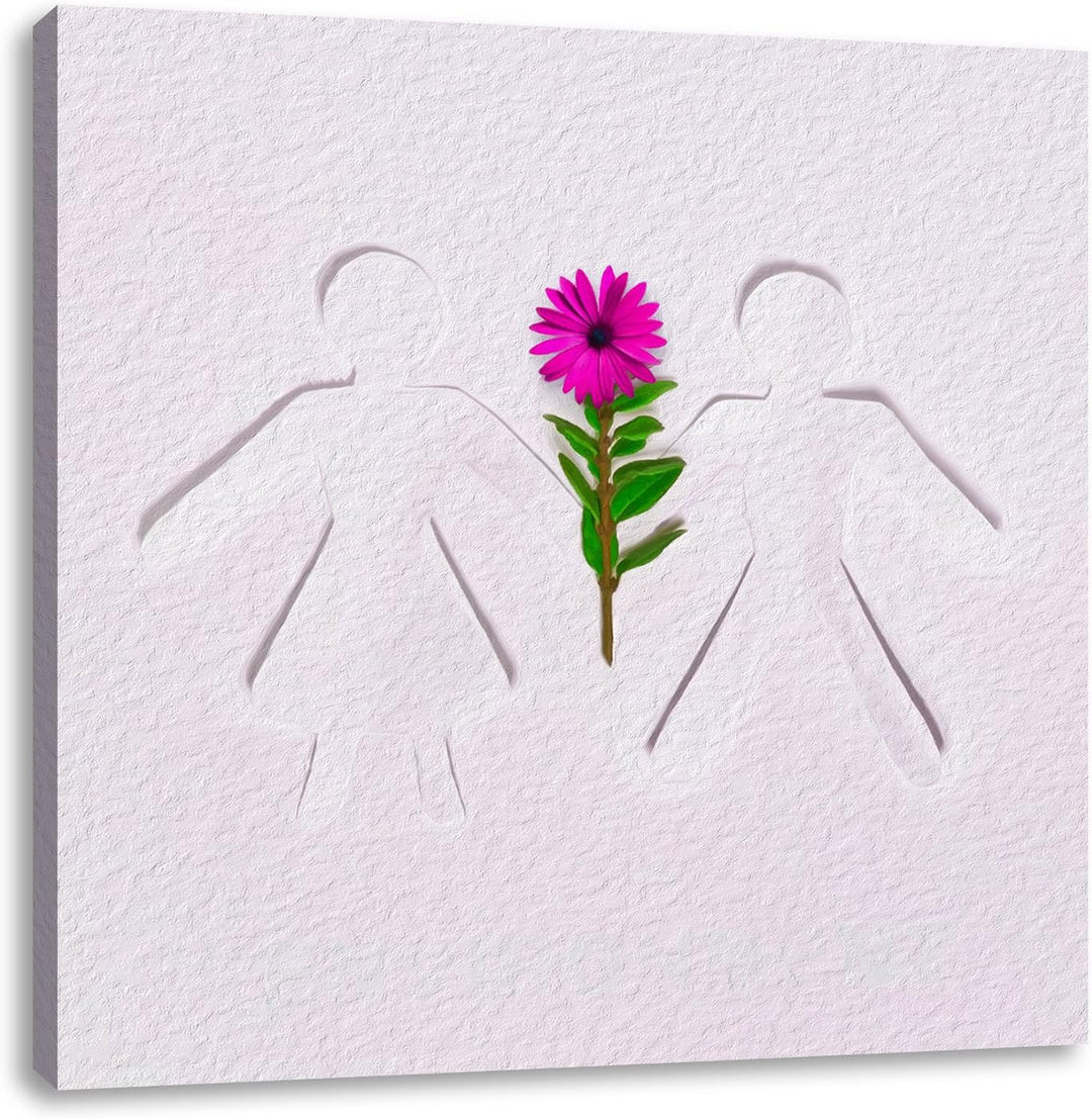 Pixxprint Strichmännchen mit Blume schwarz/weiss als Leinwandbild/Grösse: 70x70 cm/Wandbild/Kunstdru