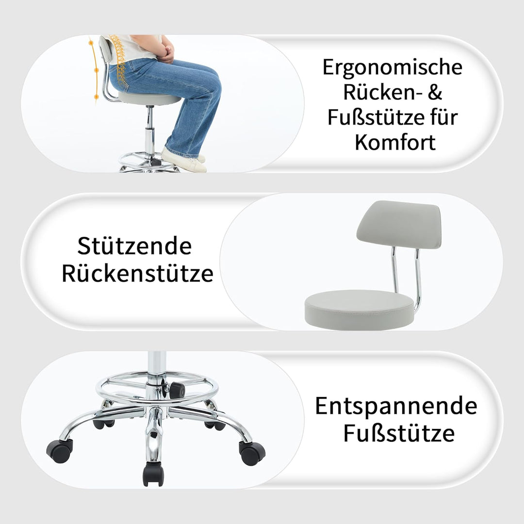 FIRAVOE Ergonomischer Büro-Zeichenstuhl, höhenverstellbarer Rollhocker mit Fussstütze 49,5–67,6 cm,