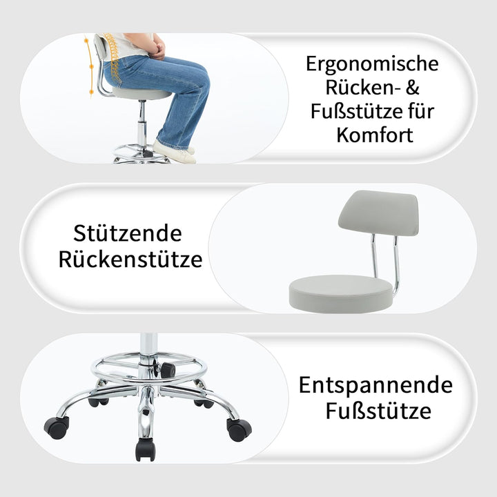 FIRAVOE Ergonomischer Büro-Zeichenstuhl, höhenverstellbarer Rollhocker mit Fussstütze 49,5–67,6 cm,