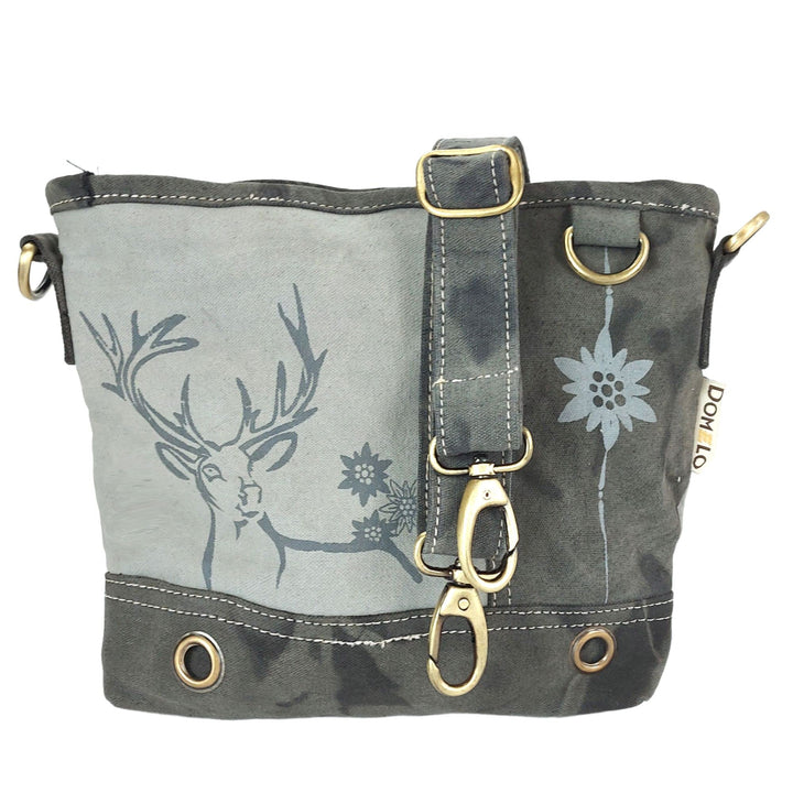 Domelo Damen Trachtentasche. Umhängetasche mit Hirsch &amp; Edelweiss Aufdruck. Graue Crossover Bag in V