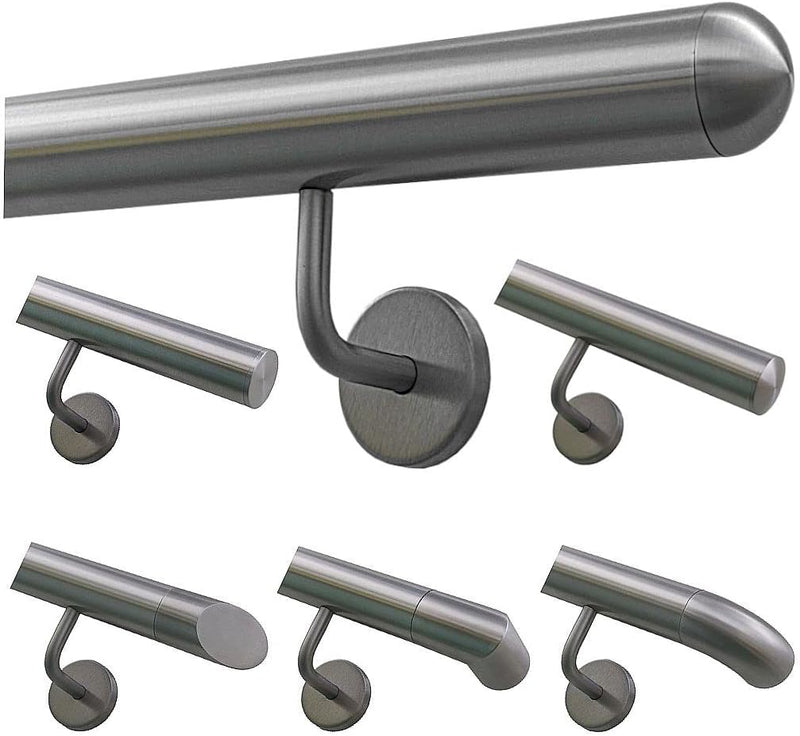 TIBU Handlauf Geländer Edelstahl Ø 42,4 mm - Länge 80 cm - Ende halbrunde Kappe und gewinkelte Halte
