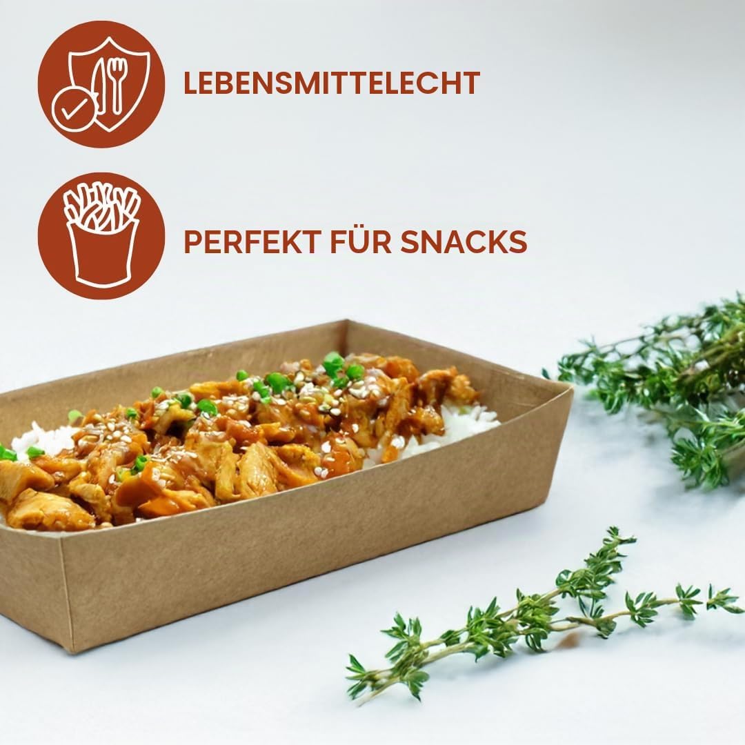 Enpack Snackschale A13-100 Stück Snackschalen aus Kraftpapier - Snack Box 15x7x3,5cm - Currywurst Sc