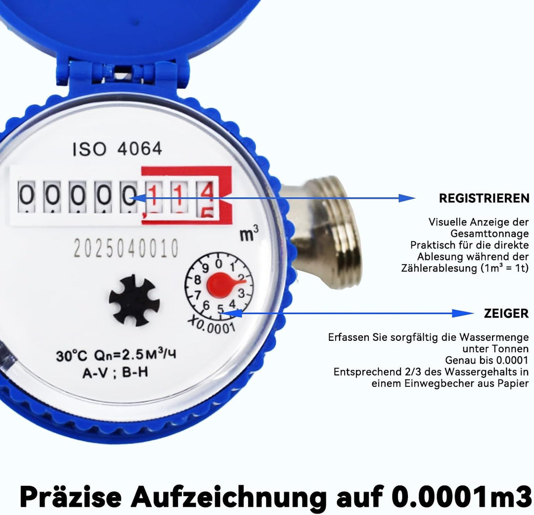 Garten Wasserzähler 1/2 Zoll, Kaltwasserzähler geeicht mit Digitalanzeige und Zeiger, Zapfhahnzähler