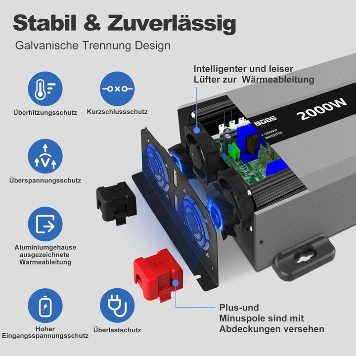 DATOUBOSS Wechselrichter 12v auf 230v Reiner Sinus 2000w, Spannungswandler 12v 230v 2000w mit AC Ste