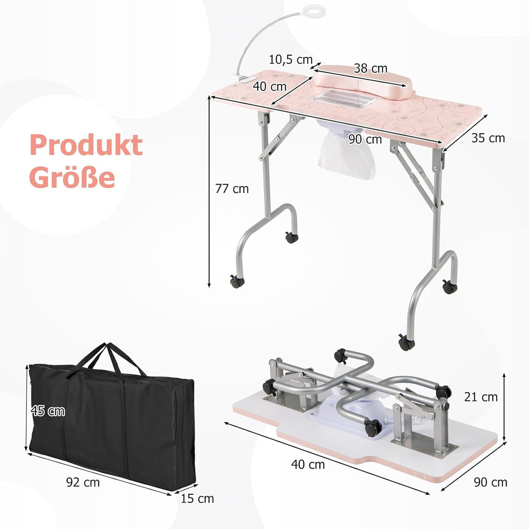 COSTWAY Maniküretisch klappbar, Nageltisch mit elektrischem Staubsammler, LED-Lampe, Handgelenkaufla