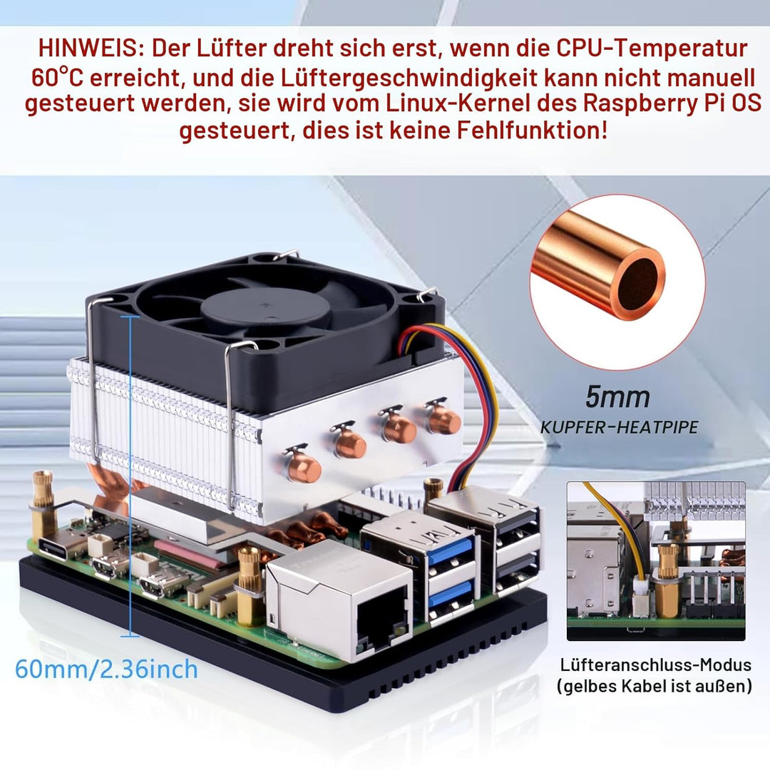 GeeekPi Low-Profile Plus CPU Kühler für Raspberry Pi 5, Pi 5 Aluminium Active Cooler mit Kühllüfter