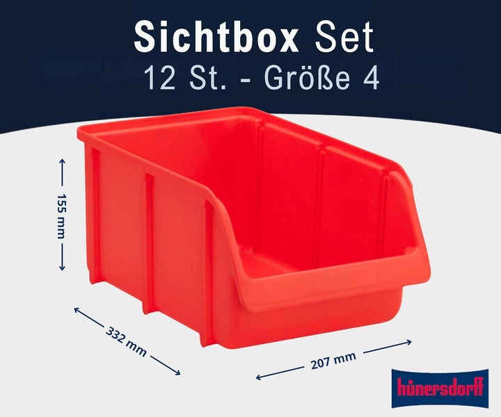 Hünersdorff 12x Sichtbox Stapelbox Lagerbox in Grösse 4, aus Polypropylen Grösse 4 Rot, Grösse 4 Rot