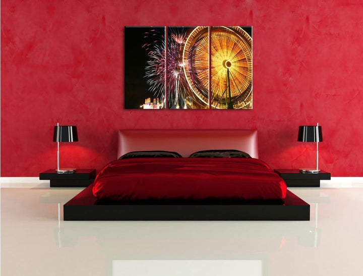 Pixxprint Jahrmarkt mit Feuerwerk als Leinwandbild/Grösse: 3 Teilig (120x80) cm/Wandbild/Kunstdruck/
