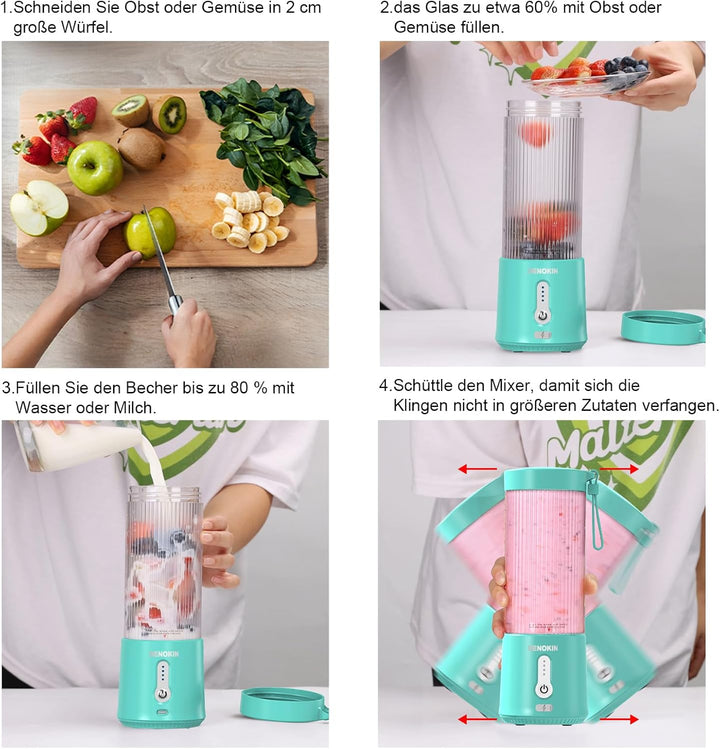 DENOKIN Tragbarer Mixer to Go/Blender/Smoothie Maker, 450ml Becher, Kabellos & USB-C Wiederaufladbar
