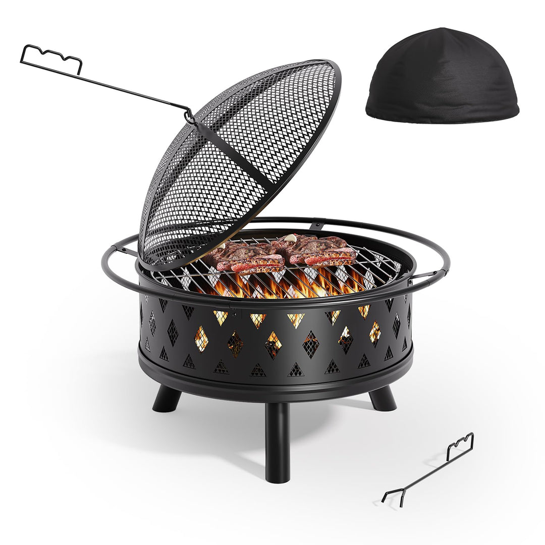 Xbro Ø 76 cm Feuerschale mit Funkenschutz und Schürhaken,Feuerschale für den Garten, mit Grillrost,