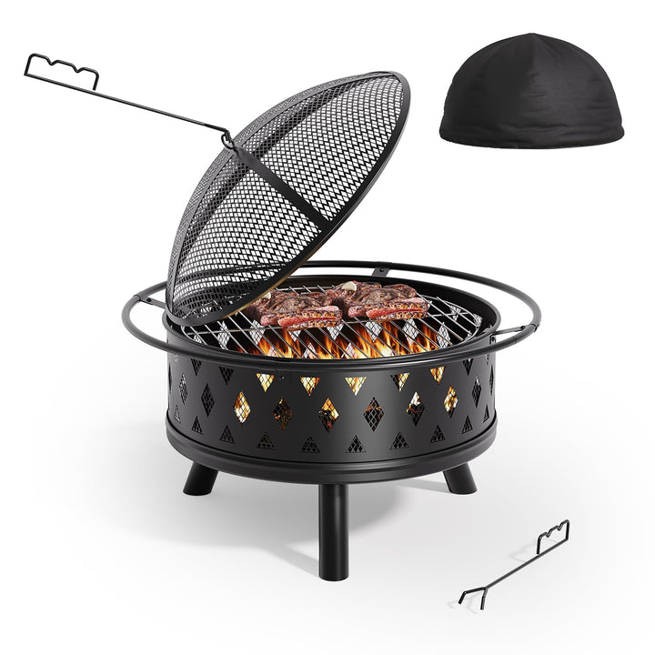 Xbro Ø 76 cm Feuerschale mit Funkenschutz und Schürhaken,Feuerschale für den Garten, mit Grillrost,