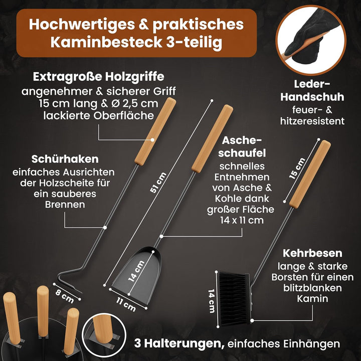 BLACK OAK Kaminbesteck VAIL 4-teilig mit Lederhandschuh - modernes Ofenbesteck Set schwarz mit Holzg