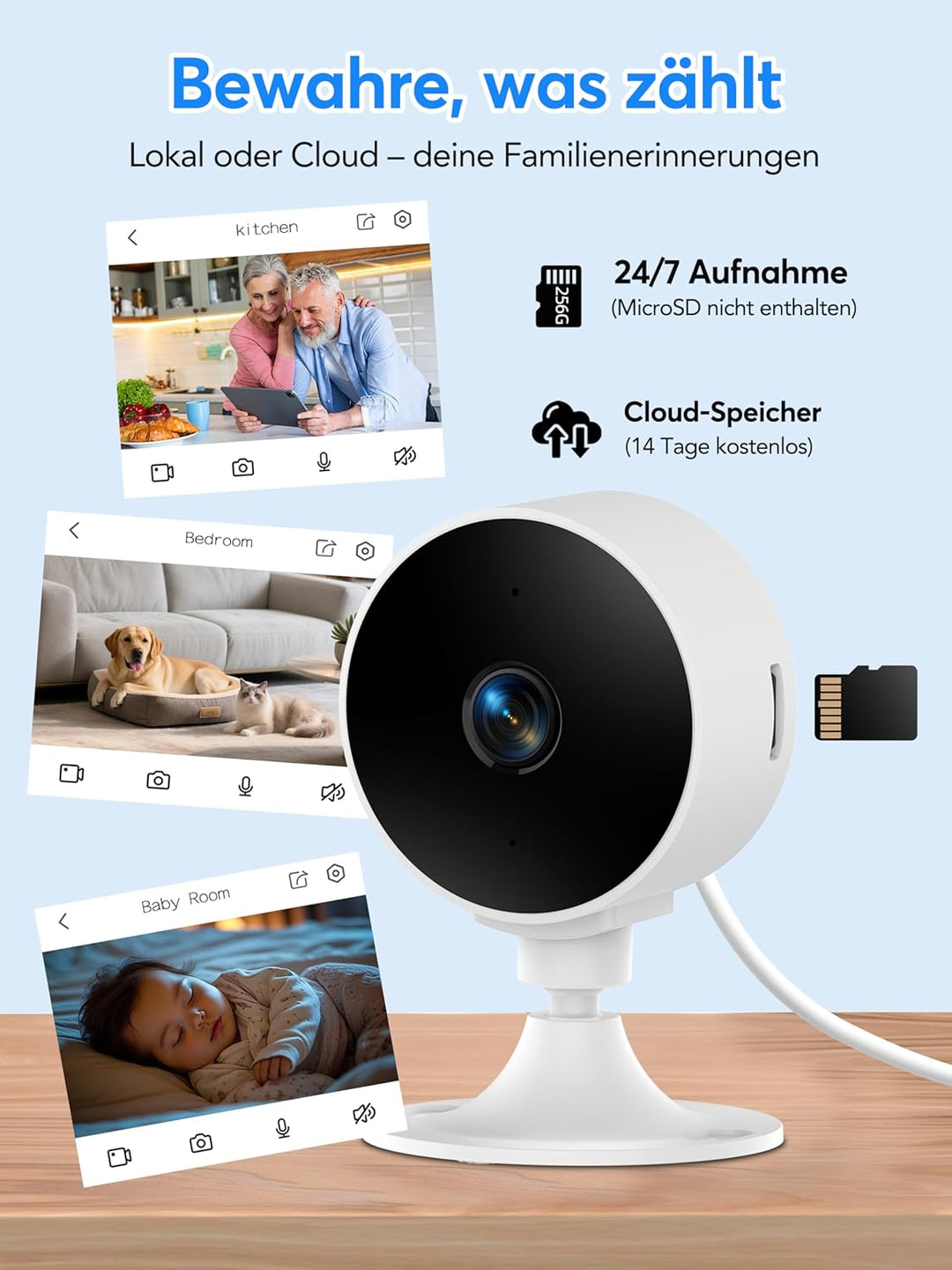 Überwachungskamera Innen 2K 3MP, WLAN Babyphone und Haustierkamera mit Bewegungserkennung, Zwei-Wege