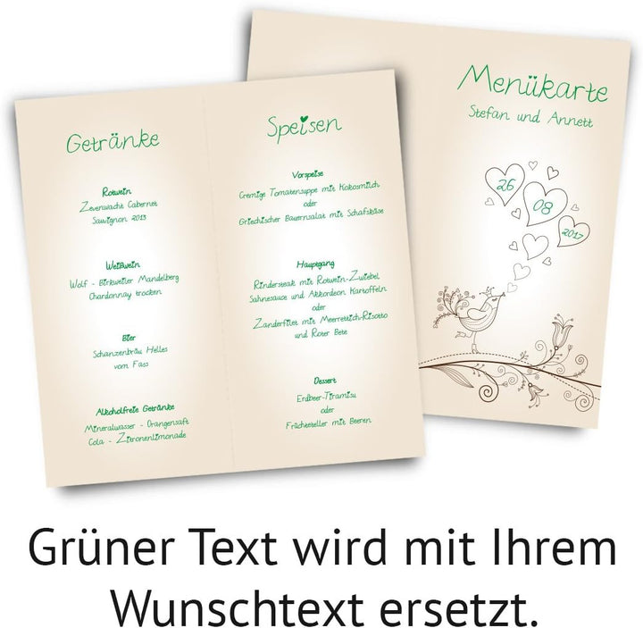 Menükarten Hochzeit Personalisiert mit eigenem Text, Speisekarte und Getränkekarte (50 Stück, Menge