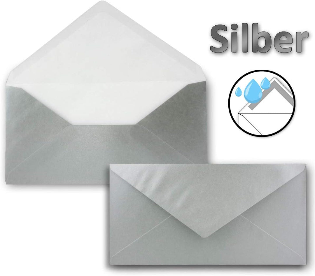 200 Brief-Umschläge Silber Metallic DIN Lang - 110 x 220 mm (11 x 22 cm) - Nassklebung ohne Fenster