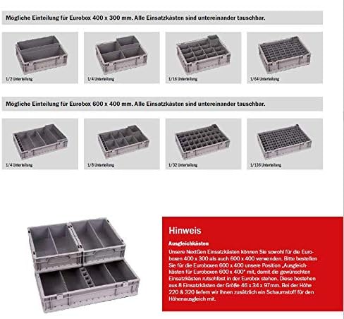 aidB NextGen Einsatzkasten Set "1/8 Unterteilung", 600 x 400 x 120 mm, ideal als Einsatz für Schubla