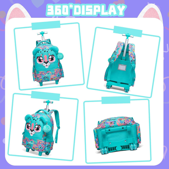 HTgroce Rucksack mit Rollen Schulranzen Trolley Mädchen 4. klasse A-grün Leopard, A-grün Leopard
