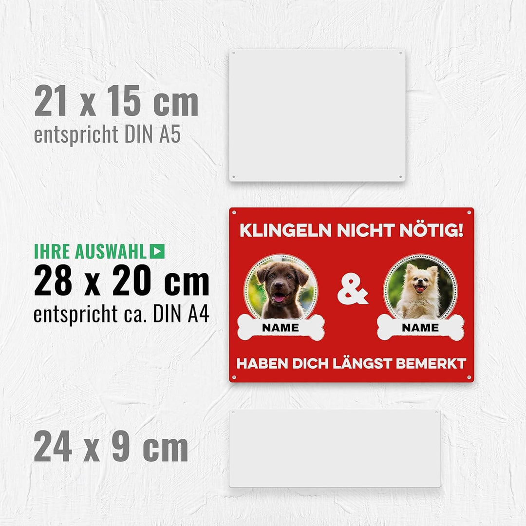 Hunde Schild personalisiert - Klingeln nicht nötig - Metallschild mit Foto und Name für aussen, wett