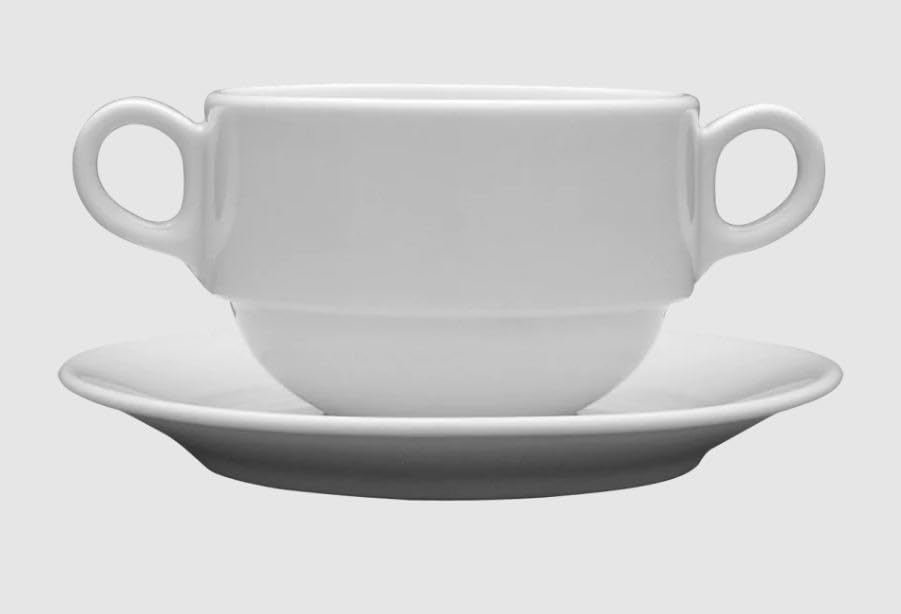 Generisch Suppentassen mit Untertasse Porzellan Weiss 320ml 12er Set | Stapelbar, Mit 2 Griffen, Unt