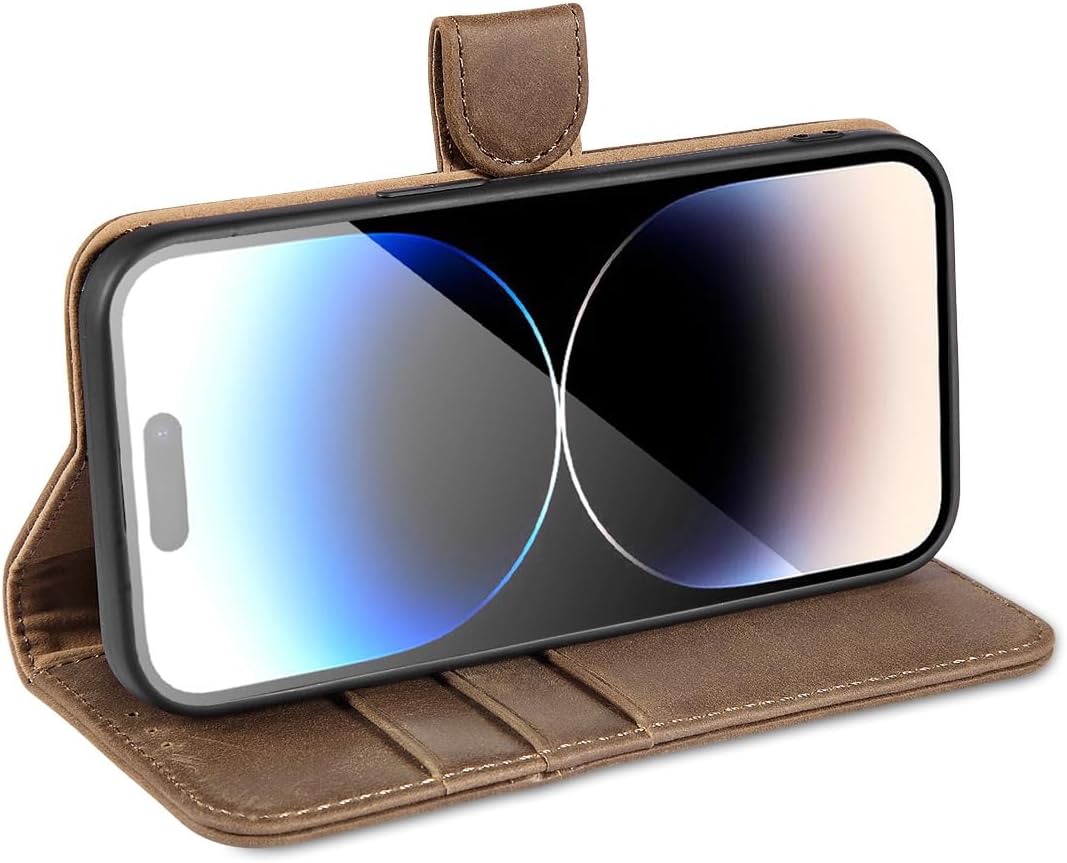 LENSUN Lederhülle für iPhone 14 Pro, Hülle Echtes Leder-Vintage Dunkelbraun | Handyhülle mit Magnetv