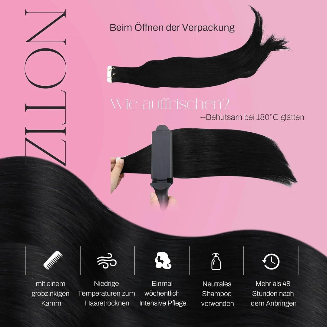 Moresoo Tape Extensions Schwarz Haarverlängerung Echthaar Extensions Tape 25cm Invisible Tape in Ext