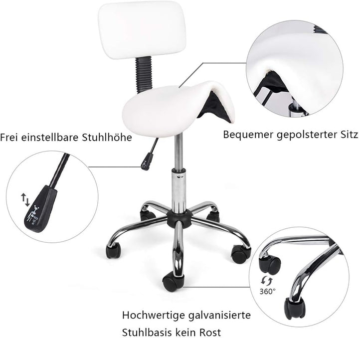 Mingone Sattelhocker mit Rückenlehne Weiss Bürohocker mit Rollen Ergonomisch Drehhocker Arbeitsstuhl