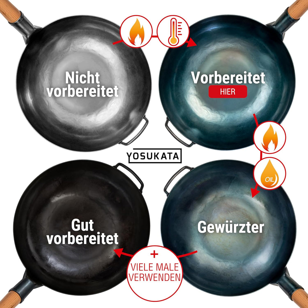 YOSUKATA Karbonstahl Woks &amp; Wokpfannen (34 cm) - Voreingebrannter Wok Pfanne Karbonstahl Flacher Bod